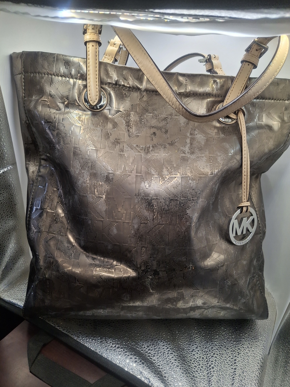 Fair Condition Michael Kors Metallic Bronze Logo Tote with Tan Handles